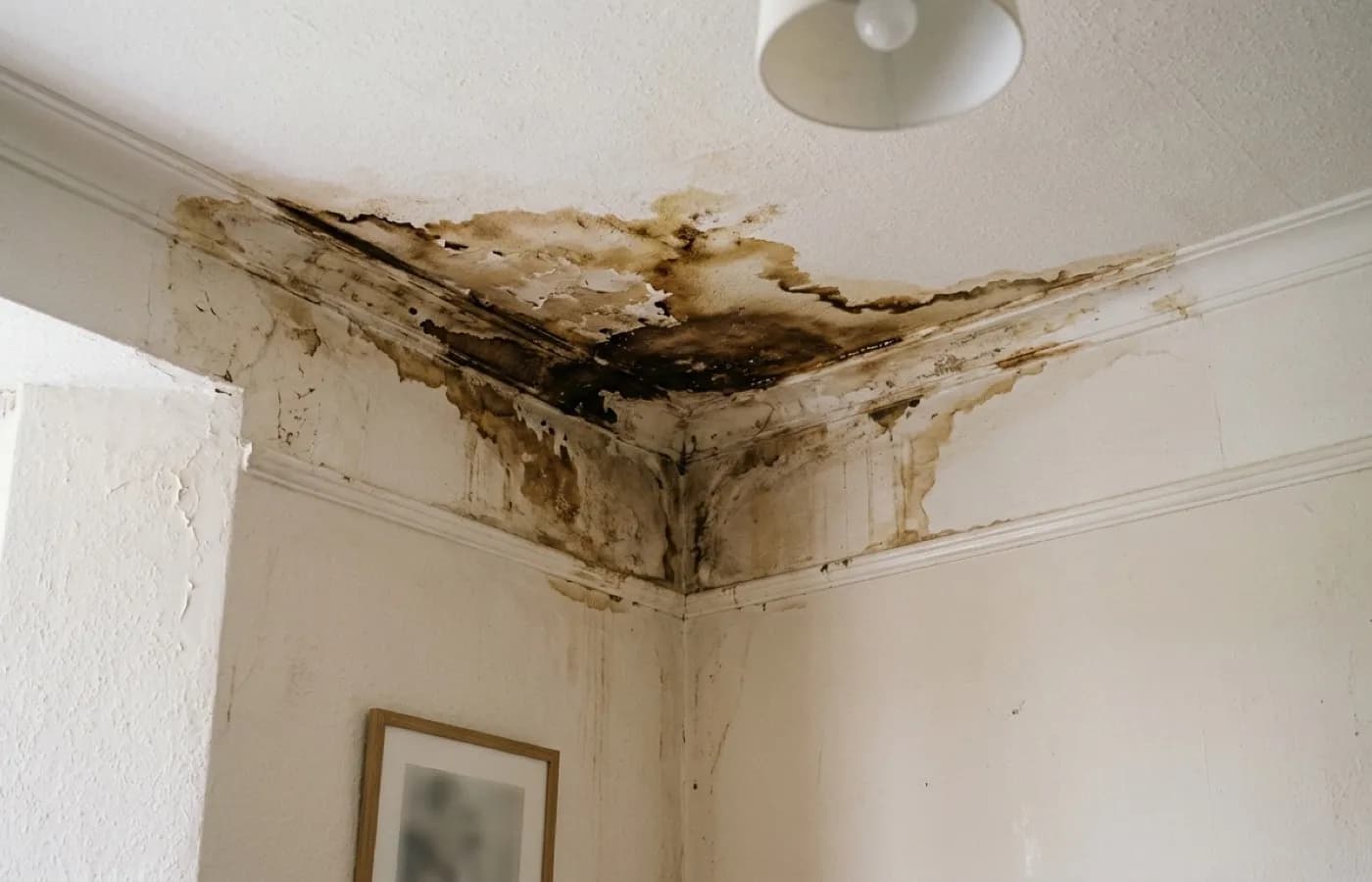 A brown ceiling stain spreading from a corner, the kind of mark that gives no clue where the water actually entered the roof above
