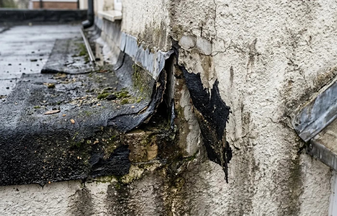 A flat roof upstand where a felt covering meets a wall, a common place for a leak to enter well away from where the stain shows inside