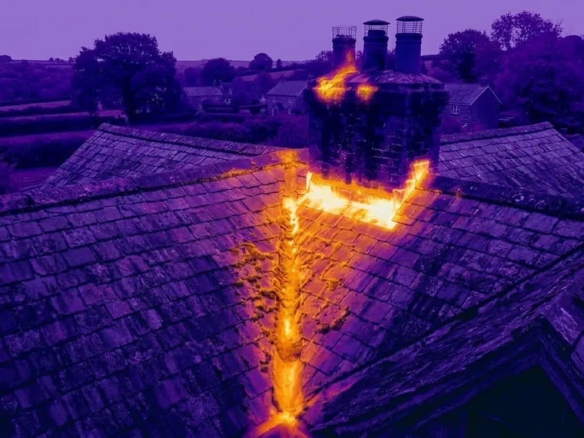 The same roof valley and stack rendered as a radiometric thermal image, showing a warmer patch where damp is holding heat differently to the dry slate around it