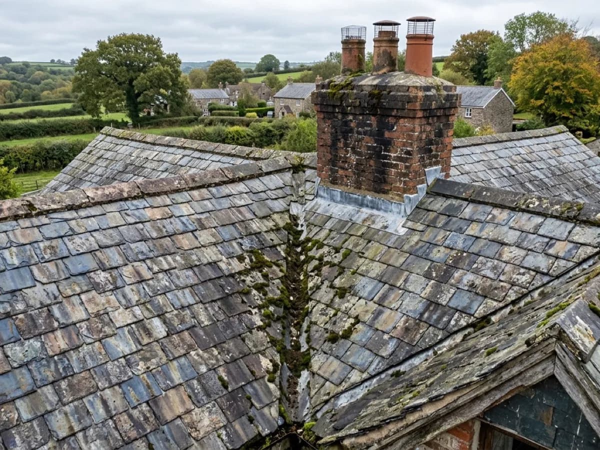 Aerial visual photograph of a Devon roof valley and chimney stack, the normal camera view before tracing begins