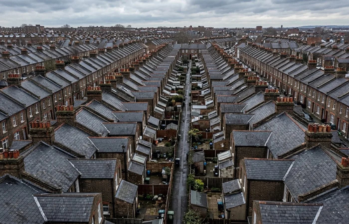 A dense Victorian terrace roofscape with brick party-wall stacks and slate valleys between the main slopes and rear additions