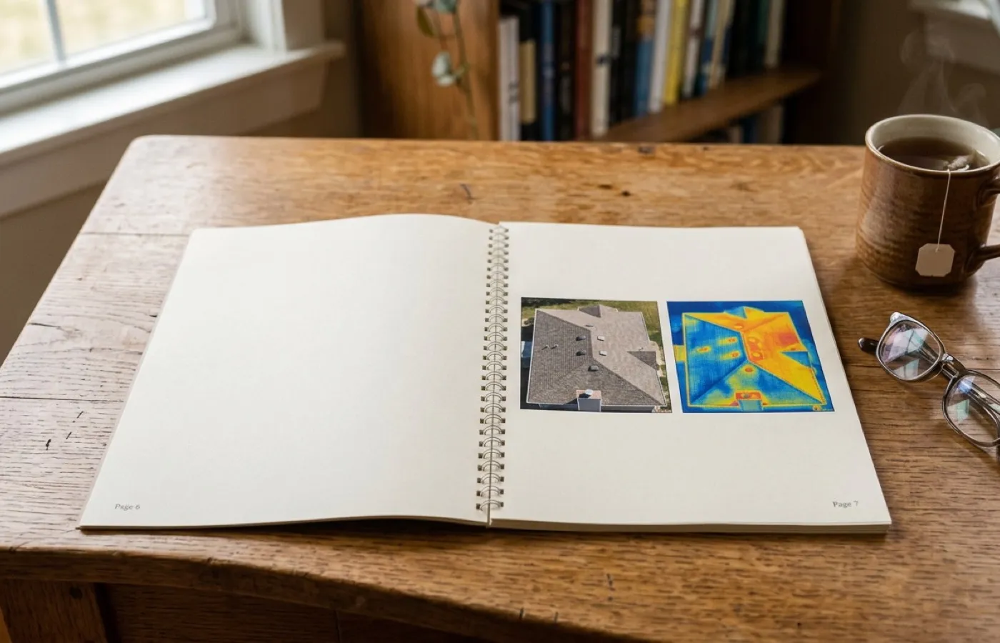 A printed leak trace report open on a desk, a visual roof photograph and its thermal reading printed side by side, beside a mug of tea