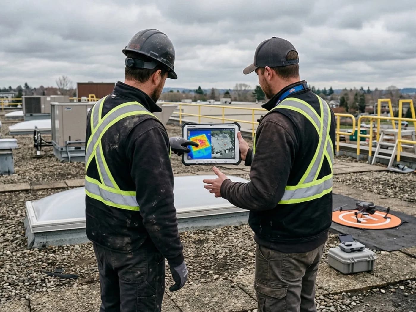 A roofer and a drone operator reviewing a thermal and visual leak trace report together on a tablet at a job site
